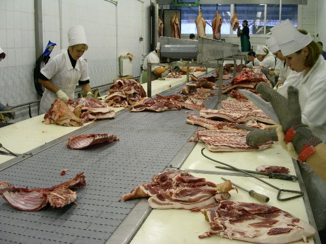Cutting conveyor for meat